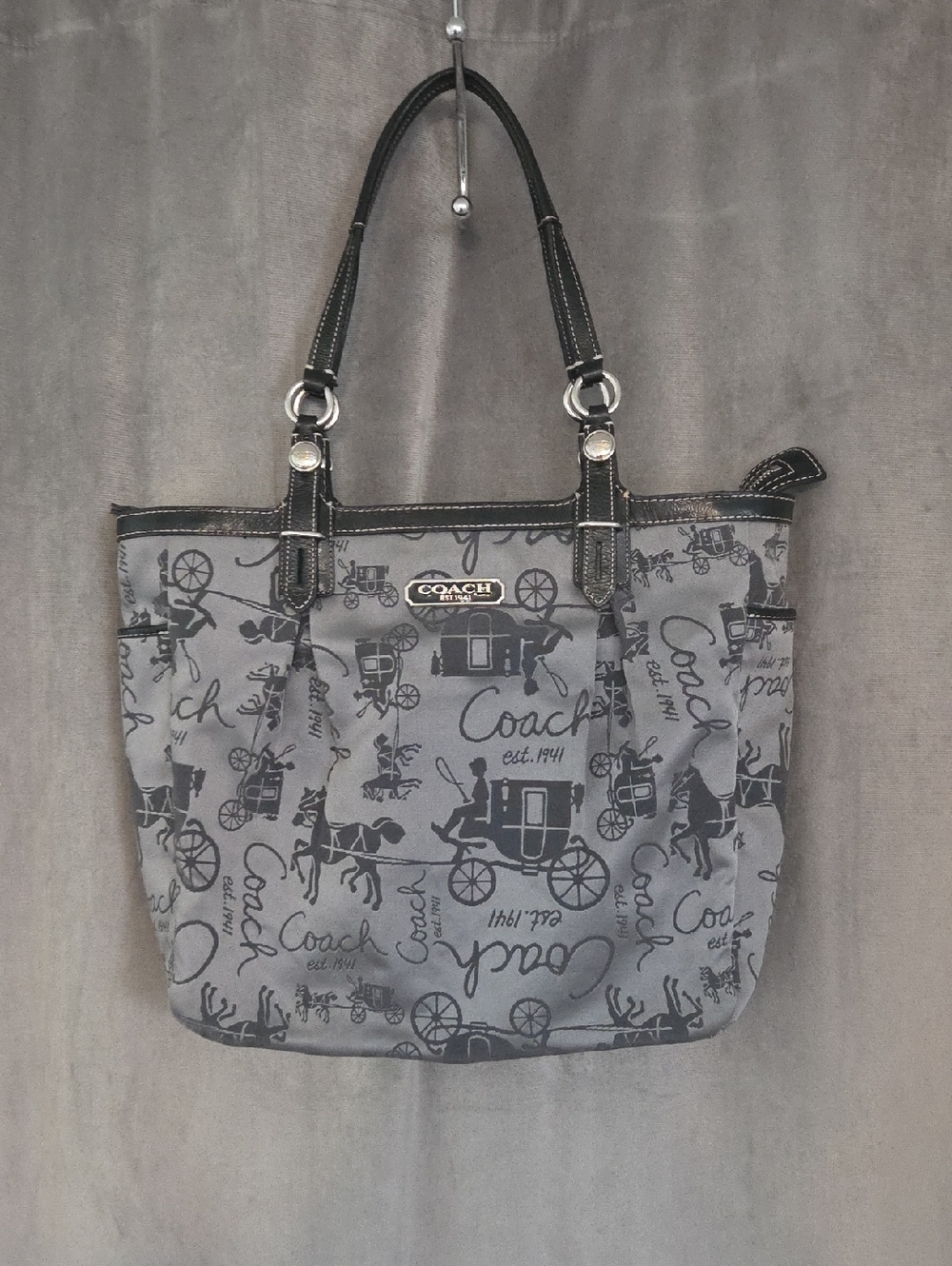 Coach Gray Tote with Black Trim and Signature Carriage Print - Picture 2 of 7